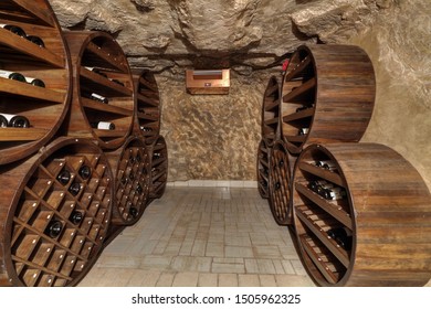 A Small Wine Cellar With Silence On The Shelves Of Wine Bottles, Nobody