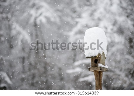 Small wooden bird feeder with a hat of heaped fresh white winter snow and falling snow flakes.