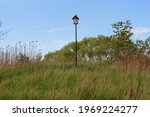 A small, wooden bird house on a post stands at the top of a hill. A lovely meadow within an estuary. Tall, green grass surrounds a home for wildlife under a blue sky.