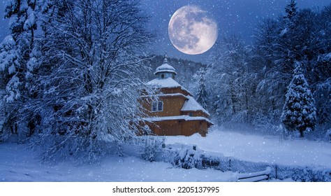 Small Wooden Church. Christmas Eve During Snowfall, Ancient Folk Architecture. Wallpaper With New Year's Mood