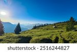 Small wooden high altitude hut on alpine meadow near Latschur, Gailtal Alps, Carinthia, Austria. Hiking trail with panoramic view of mountain ridges of majestic Carnic Alps. Peaceful serene atmosphere