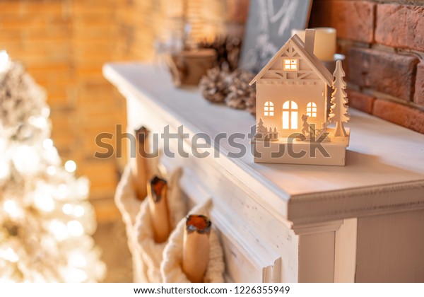 Small Wooden House Candle Inside White Stock Photo Edit Now