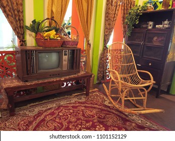 A Small Wooden House In Malay Kampung, Interior Showing Its Living Room With Nobody But Furniture And Decoration