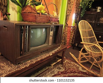 A Small Wooden House In Malay Kampung, Interior Showing Its Living Room With Nobody But Furniture And Decoration