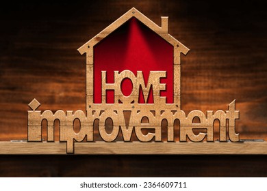 Small wooden model house with text home improvement on a workbench and copy space. 3D illustration. - Shutterstock ID 2364609711