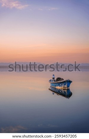 Small wooden rowing boat on a calm lake at sunset reed in France