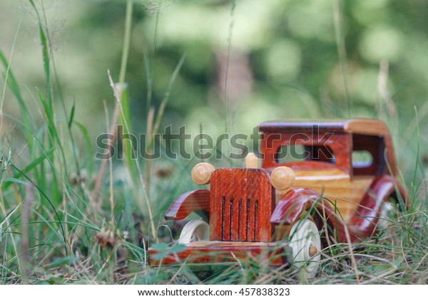 Small wooden toy car in\
forest on grass