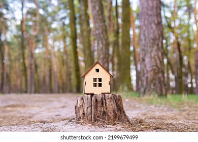 Small Wooden Toy House Model Placed On A Tree Stump In The Forest