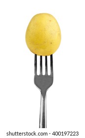 Small Yellow Potato On A Fork Isolated On A White Background