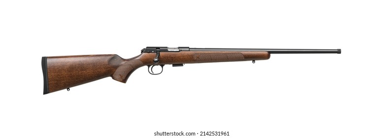 Small-bore bolt rifle in a wooden stock of .22lr. Small rifled weapon for hunting and sports. Isolate on white background.
