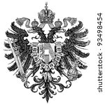 Smaller coat of arms of the Empire of Austria form Congress of Vienna 1815-1867 (Austro-Hungarian Monarchy). Publication of the book "Meyers Konversations-Lexikon", Volume 7, Leipzig, Germany, 1910