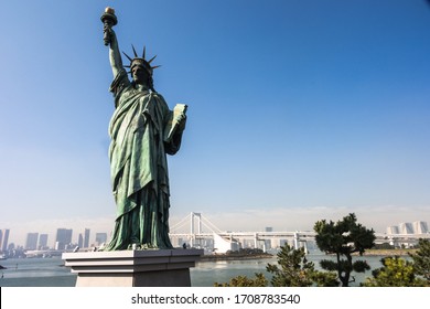 the smaller statue of liberty in tokyo bay, on odaiba island.
