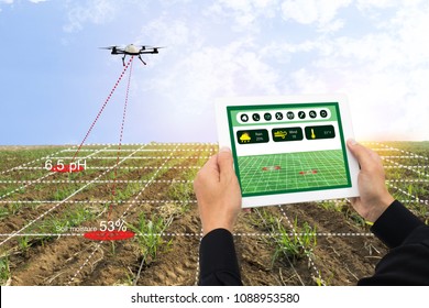  smart agriculture in the futuristic concept, the farmer use drone and tablet with augmented mixed virtual reality to monitor, analysis, keep track, including ph, soil measure, rain prediction