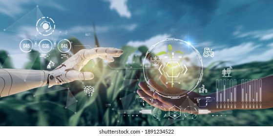 smart agriculture futuristic industry 4.0 technology concept, cyborg hand put to touch hand with green leaves with hud technology including artificial intelligence, 5g to analysis data of smart farm - Shutterstock ID 1891234522