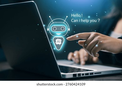 Smart AI chatbot assistant interface interacting with user on laptop, representing customer support automation, virtual assistant, online communication and artificial intelligence service technology.