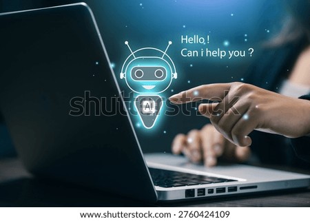Smart AI chatbot assistant interface interacting with user on laptop, representing customer support automation, virtual assistant, online communication and artificial intelligence service technology.