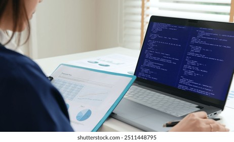 Smart AI cyber bot deep tech tools help write BI prompt code screen. Asia people asian IT woman typing busy work on predict big data mining center office reskill upskill STEM expert skill job course.