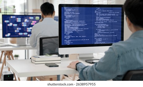 Smart AI cyber bot IT deep tech tools help write prompt python code web screen. Asia people asian man typing busy work predict big data mining center office upskill STEM expert skill job coder course.