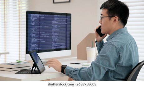 Smart AI cyber bot IT deep tech tools help write prompt python code web screen. Asia people asian man typing busy work predict big data mining center office upskill STEM expert skill job coder course.