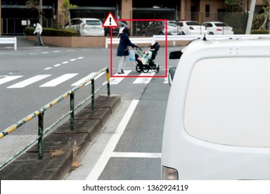 Smart Artificial Intelligence In Autonomous Van Car With Self Driving Mode Technology Concept. Self Driving Car Use Pedestrian Crossing Zebra Or Crosswalk To Detects Accidents Prevent Crash.