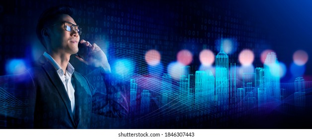 smart Asian business man using mobile phone with financial investment digital technology, futuristic artificial intelligence tech and finance smart city.