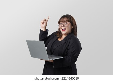 Smart Asian  Businesswoman Ceo Manager Bank Employee Worker Boss Having Idea Startup Holding Laptop, Multitasking Isolated In White Background