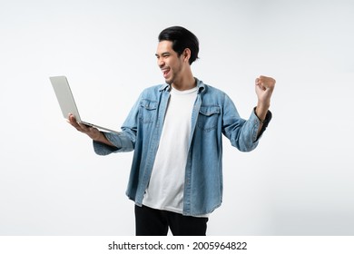 Smart Attractive Asian Entrepreneur Hand Rise Up Cheerful Exited Standing And Use Laptop,cheerful Isolate White Background