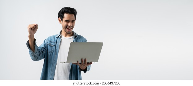 Smart Attractive Asian Entrepreneur Hand Rise Up Cheerful Exited Standing And Use Laptop,cheerful Isolate White Background