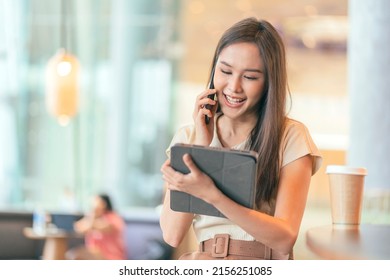 Smart Attractive Asian Female Woman Casual Cloth Freelance Work Leisure Relax Working With Laptop And Smartphone At Cafe Restaurant Urban Lifestyle Digital Nomad Working In Co Working Space