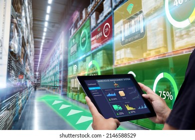 Smart Augmented Reality,AR warehouse management system.Worker hands holding tablet on blurred warehouse as background - Powered by Shutterstock