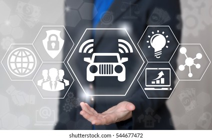 Smart Auto Autonomous Unmanned Automation Car Wifi Business Internet Future Concept. Automobile Innovation Electrical Logical Engineering Industrial Technology. Automatic  Self-managed Vehicles