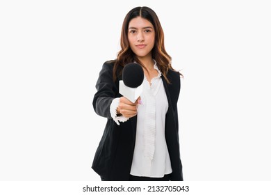 Smart Beautiful Young Woman Working As A News Reporter While Holding A Microphone For An Interview Against A White Background