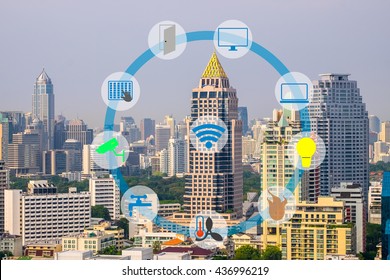 Smart Building And Internet Of Things Concept. Smart Building Management Icons On Building In The City Background.