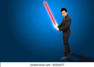 Smart business man hold The laser sword