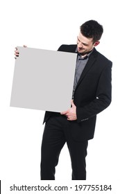 Smart Businessman Holding Up Blank Sign, Isolated On White