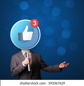Smart Businessman Holding Round Sign With Facebook Like