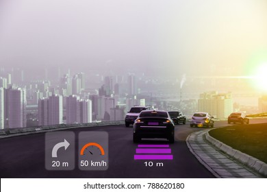 Smart Car Concept, Autonomous Car With Hud(head Up Display) Technology , Drive With Driverless System In The Big City