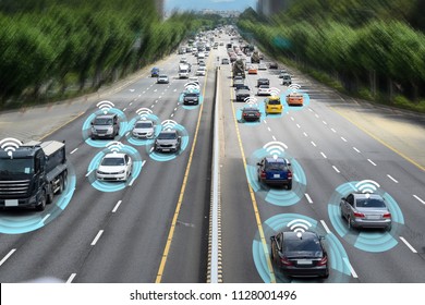 Smart Car (HUD) , Autonomous Self-driving Mode Vehicle On Metro City Road Iot Concept With Graphic Sensor Radar Signal System And Internet Sensor Connect.