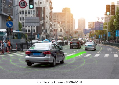 Smart Car (HUD) And Autonomous Self-driving Mode Vehicle On Metro City Road With Graphic Sensor Signal.