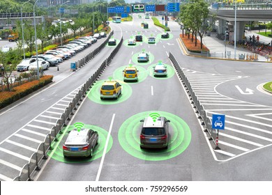 Smart Car (HUD) And Autonomous Self-driving Mode Vehicle On Metro City Road With Graphic Sensor Signal.