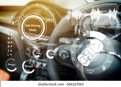 Smart car (HUD) concept. Empty cockpit in vehicle and Self-Driving mode car graphic screen with flare light