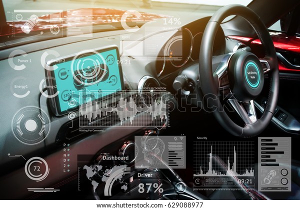 Smart car (HUD)\
concept. Empty cockpit in vehicle and Self-Driving mode car graphic\
screen with flare light