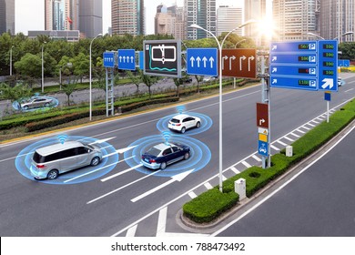 Smart Car (HUD) , Iot , Autonomous Self-driving Mode Vehicle On Metro City Road Iot Concept With Graphic Sensor Radar Signal System And Internet Sensor Connect.