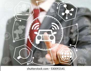 Smart Car Internet Autonomous Automobile Business Concept. Man Presses Car Wifi Wireless Button On Virtual Screen On Background Of Network Iot Computer Gear Modeling Magnifier Transport Earth Sign.