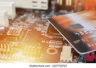 Smart Card, EMV, Micro Chip Of Credit Card On Circuit Mainboard Of Computer. Financial And Technology Cashless Society Concept