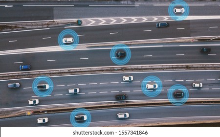Smart Cars Driving On The Road, Driverless Vehicles, Aerial Top View From Above