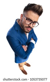 Smart Casual Man With Arms Crossed Puts On Serious Face While Standing On White Background, Full Body Picture