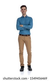 Smart Casual Man Wearing Blue Shirt And Smiling, Standing Isolated On White Background, Full Body