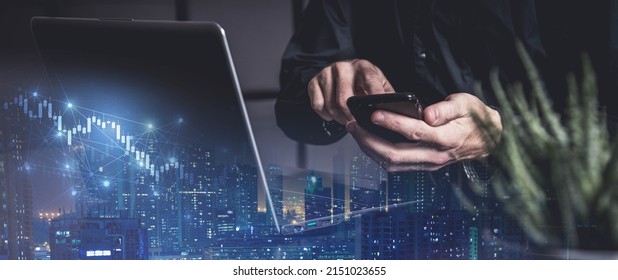 smart caucasian businessman hand touch invisible stock chart market screen dark background business financial ideas concept