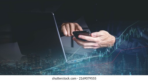 smart caucasian businessman hand touch invisible stock chart market screen dark background business financial ideas concept